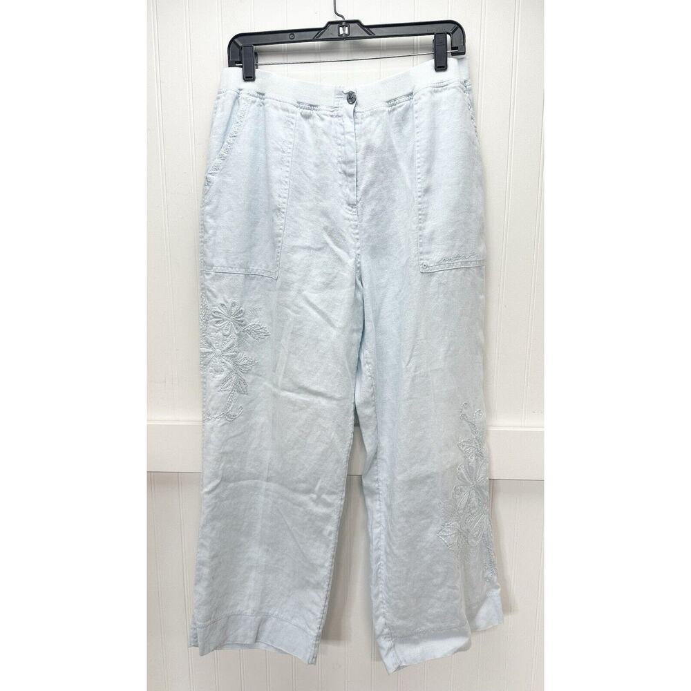 Linen Pants J Jill Womens 14 Petite Light Blue Wide Leg Ankle Floral Embroidery